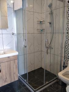 a shower with a glass door in a bathroom at VENÜS PARK APART SUİTES in Cesme