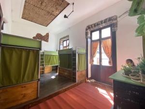 圣克鲁斯-德特内里费Tenerife Art Hostel的大房间墙壁上挂有绿色窗帘