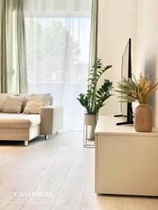 - un salon avec un canapé et une table ornée de plantes dans l'établissement CASHMERE Premium Apartment, à Siófok