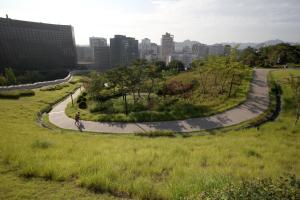 un camino sinuoso en un parque con una ciudad al fondo en K-POP Hotel Seoul Tower, en Seúl