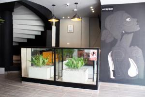 a lobby with two potted plants and a painting on the wall at Estainn Hotel Coworking in Bogotá