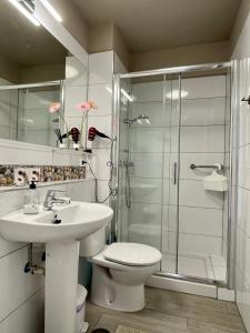 een badkamer met een douche, een toilet en een wastafel bij Apartment with ocean view, Acapulco,Las Américas in Playa Fañabe