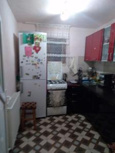 a kitchen with a white refrigerator and a stove at Casa din Poiană in Hănăşeşti