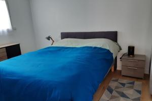 a bed in a bedroom with a blue blanket on it at Maison Tamaris avec jardin et clos in Quiberon