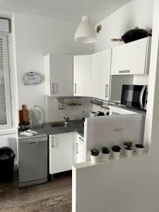a white kitchen with white cabinets and potted plants at Appartement Rue de la gare centre ville in Quiberon +2 photos