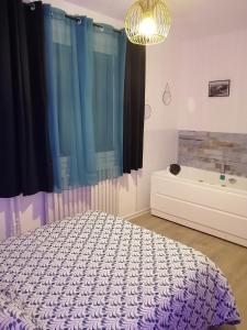 um quarto com uma cama, uma banheira e uma cortina em L'ESCALE DETENTE EN VERCORS em Saint-Jean-en-Royans