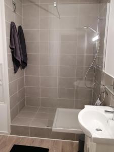 een badkamer met een douche en een wastafel bij L'ESCALE DETENTE EN VERCORS in Saint-Jean-en-Royans