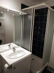a bathroom with a sink and a shower at Bonvallet - Studio paisible et chaleureux avec balcon in Amiens