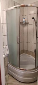 W łazience znajduje się prysznic ze szklanymi drzwiami. w obiekcie DVOKREVETNA SOBA SA KUPAONICOM w mieście Vodice