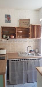 - une cuisine avec un évier et un comptoir dans l'établissement Studio cosy au coeur de Saint Martin Vésubie, à Saint-Martin-Vésubie