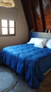 1 cama azul grande en un dormitorio con ventana en Casa Verde 2 en Godoy Cruz