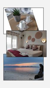 un collage de fotos de un dormitorio con cama y playa en Hotel Alexandra, en Nea Roda