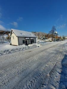 uma casa ao lado de uma estrada coberta de neve em Domek nad potokiem em Stronie Śląskie