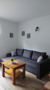 a living room with a blue couch and a coffee table at Domek nad potokiem in Stronie Śląskie