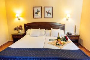 
a hotel room with a bed and a dresser at Hospedium Hotel Los Lanceros in San Lorenzo de El Escorial
