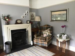 un soggiorno con sedia e camino di The Blue Cottage ad Antrim