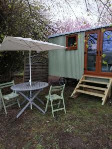 ein Picknicktisch und zwei Stühle mit Sonnenschirm in der Unterkunft Durham Donkey Rescue Shepherd's Hut in Durham
