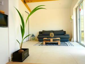 a living room with a blue couch and a table at Home le Vissou in Cabrières