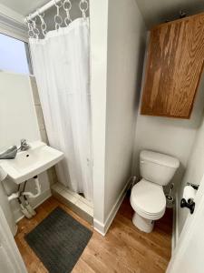 a small bathroom with a toilet and a sink at Cozy Home in the Heart of Pocatello in Pocatello