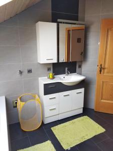 ein Bad mit einem Waschbecken und einem Spiegel in der Unterkunft Aussergewöhnliche Atelierferienwohnung mit Balkon an der Donau in Winzer