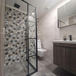 a bathroom with a shower and a toilet and a sink at Ponti Bay Apartments in Vasiliki