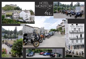 un collage de photos de motos garées dans une ville dans l'établissement Hôtel Montfort, à Lourdes