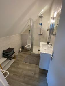 un baño con lavabo e inodoro en Logement Loire climatisé, La Halte de Cuze, aux abords de la Loire a vélo, en Huismes 37 fotos más