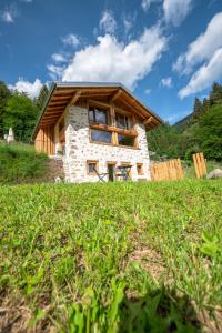 a log cabin in the middle of a grass field at Chalet Noèr in Ledro