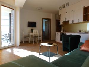 a living room with a couch and a table at ApartamentPromenadaEłk in Ełk +4 photos