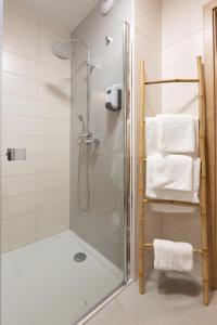 y baño con ducha y puerta de cristal. en LE RHENANUS Hans Sapidus - appartement spacieux, au calme - parking gratuit, en Sélestat