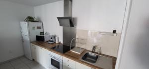 eine kleine Küche mit Spüle und Kühlschrank in der Unterkunft Appartement 2 chambres Balcon Parking privé Centre Village in Lit-et-Mixe