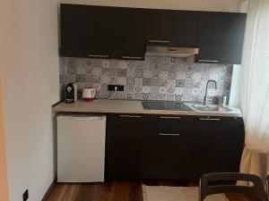 a small kitchen with black cabinets and a sink at LaCasadiGuendy in Bolzano +3 photos