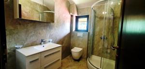 La salle de bains est pourvue d'une douche, d'un lavabo et de toilettes. dans l'établissement Apartmani Aleksandra, à Kolašin