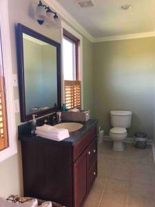 uma casa de banho com um lavatório, um espelho e um WC. em Country vacation home 