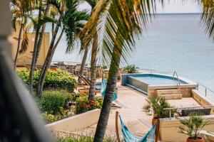 un complejo con piscina y palmeras en The Bellafonte - Luxury Oceanfront Hotel, en Kralendijk