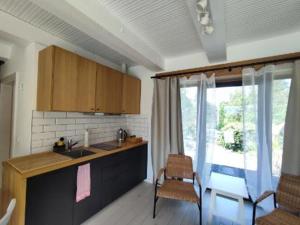 cocina con encimera, fregadero y ventana en Karkonosze, en Grudza