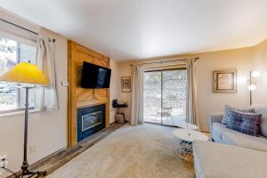 a living room with a couch and a fireplace at Alpine Gem in Park City