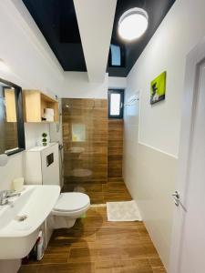 a bathroom with a toilet and a sink and a shower at Happy Apartments Mamaia Nord -2 Dormitoare in Mamaia Sat/Năvodari