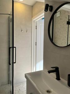 ein Badezimmer mit Waschbecken, Spiegel und Dusche in der Unterkunft Izabelės apartamentai. Butas - studija in Palanga + 27 Fotos