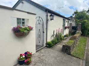 a white house with a gate and potted plants at Palmers Lodge in Launceston