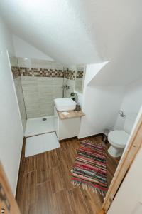 a white bathroom with a toilet and a sink at Casa de la Pârâu in Vişeu de Sus