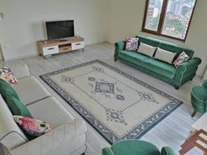a living room with a green couch and a tv at Bahardali Suites - شقق غصن الربيع in Trabzon
