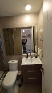 a bathroom with a toilet and a sink and a mirror at Plaza Egaña sky in Santiago