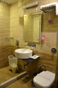 La salle de bains est pourvue d'un lavabo, de toilettes et d'un miroir. dans l'établissement Hotel Royal Park 22, à Chandigarh
