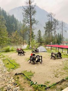 eine Gruppe Picknicktische und ein Zelt auf einem Feld in der Unterkunft The Riverwoods - Cafe & Stay in Kasol
