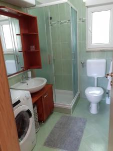 bagno con lavandino e servizi igienici e lavatrice. di Apartment EVA a Vodnjan (Dignano)
