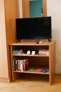 a television on a book shelf with books at Studio apartment Laura-spacious studio on the main beach in Makarska