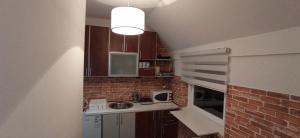 a small kitchen with a brick wall at Apartment HOLIDAY LAKE - PIVA 2022 in Plužine