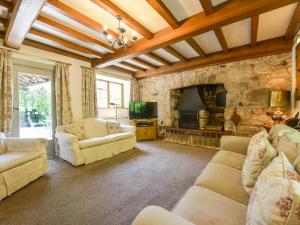 a living room with couches and a stone fireplace at Bagtor Mill in Newton Abbot