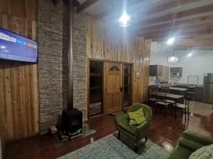 a living room with a fireplace and a couch and a stove at Cabaña Relmu Osorno con tinaja in Pichil